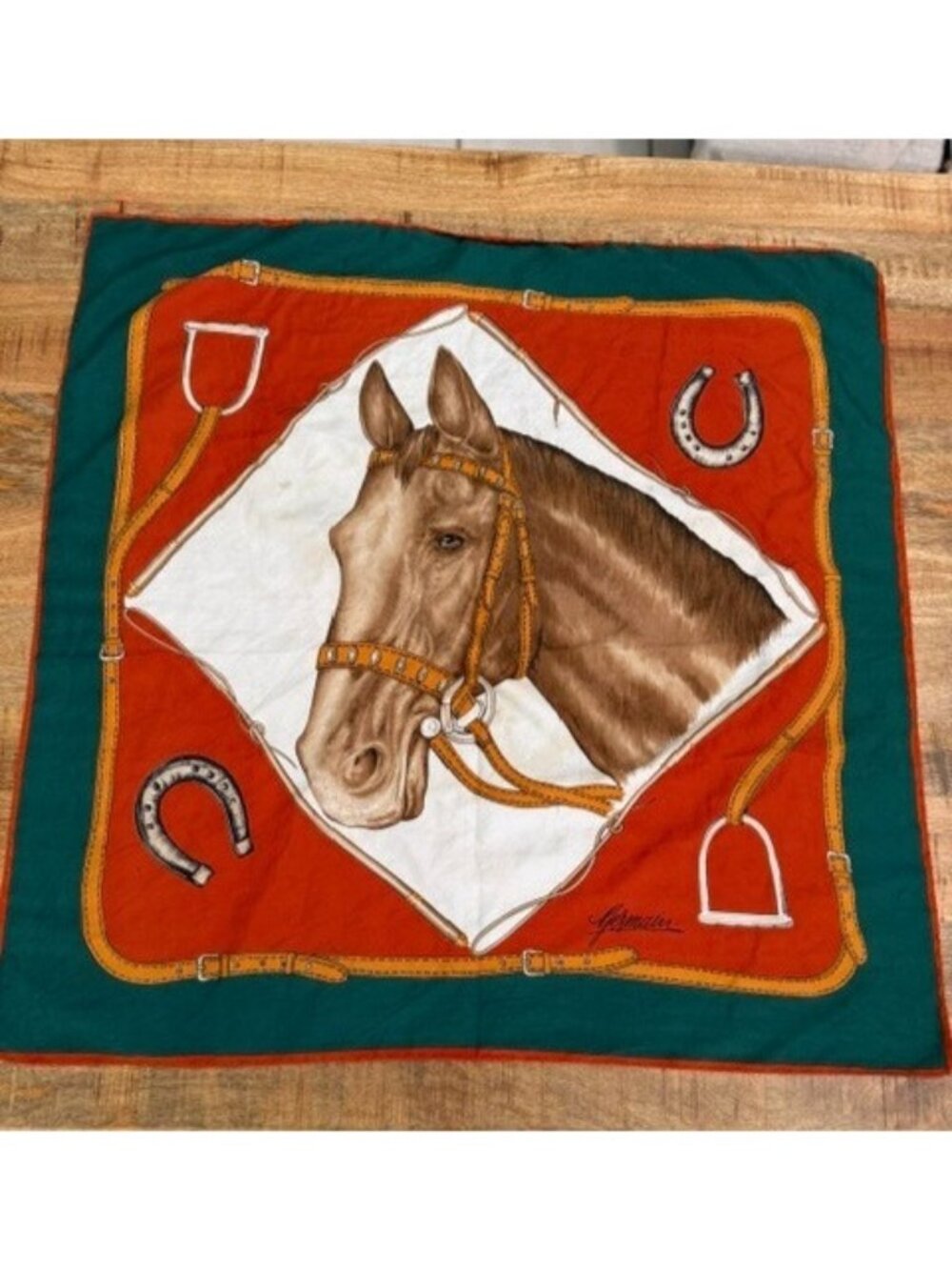 Vintage Equestrian Horse Scarf Germain Rust Green Western Riding Satin Scarf